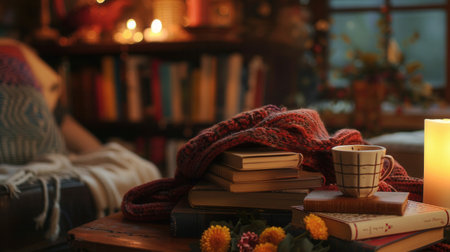 A stack of books is complemented by a cup of coffee and soft blankets, creating a warm and inviting space ideal for relaxation.の素材