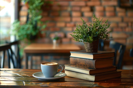 Enjoy a warm atmosphere at this inviting book cafe, featuring coffee, books, and greenery perfect for a peaceful retreat.の素材