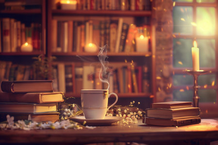 A steaming cup of coffee rests on a table among an array of books, enhancing the warm ambience perfect for reading or unwinding.の素材