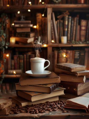 A warm atmosphere filled with books and a steaming cup of coffee offers the perfect setting for a quiet reading experience.の素材
