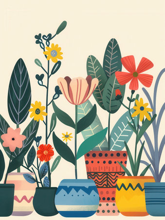 Brightly colored flowers in various pots create a lively display, ideal for enhancing any indoor or outdoor space with charm.の素材