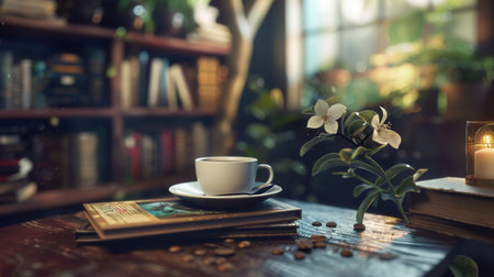 A warm and inviting space where books, a steaming cup of coffee, and delicate flowers create a comfortable reading environment.の素材