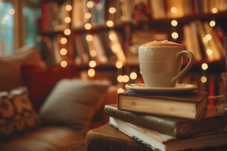 A cup of coffee rests on stacked books, surrounded by warm lights, creating an inviting atmosphere perfect for reading.の素材