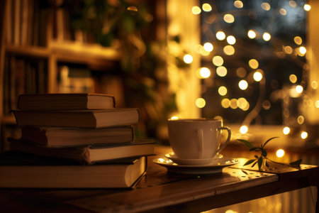 Books stacked beside a steaming cup of coffee create a welcoming space, perfect for reading and relaxation as the evening sets in.の素材