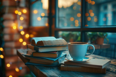 A stack of books rests on a wooden table beside a steaming cup of coffee, inviting patrons to unwind in a warm atmosphere.の素材