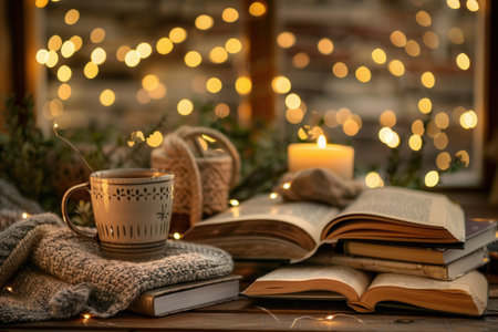A steaming cup of coffee sits beside open books, surrounded by warm lights creating a cozy atmosphere perfect for reading.の素材
