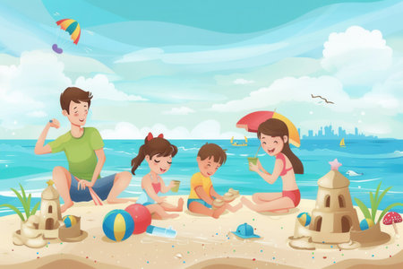 A happy family shares a fun day at the beach, crafting sandcastles and playing with beach balls while enjoying the sunny weather.の素材