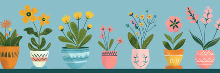 Brightly colored flowers bloom in various decorative pots, showcasing a cheerful arrangement against a soothing blue backdrop.の素材