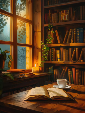 A warm and inviting space features a cup of coffee beside an open book, surrounded by shelves filled with books under soft, golden light.の素材
