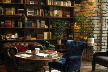 A warm environment filled with books, a well-loved armchair, and a fresh cup of coffee invites quiet moments and leisurely reading.の素材