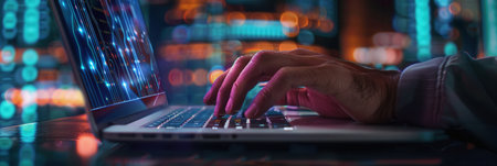 A hand types on a laptop keyboard in a vibrant cyber security network, highlighting concepts of data protection and digital safety.の素材