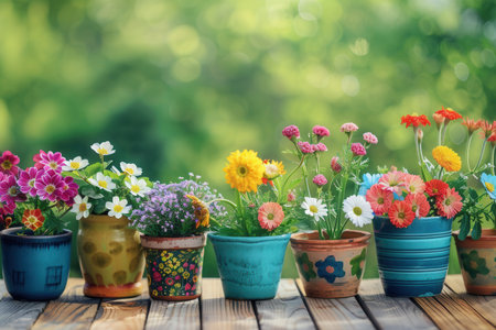 Brightly colored flowers in various decorative pots are lined up on a wooden surface, creating a lively and cheerful outdoor display.の素材