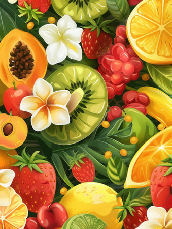 This composition highlights a variety of fruits and flowers, bursting with color and freshness, capturing the essence of nature's bounty.の素材