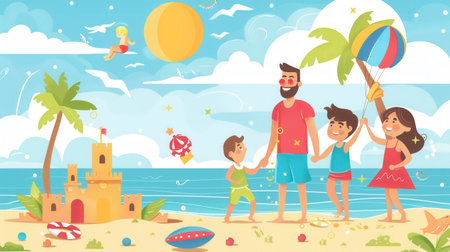 A cheerful family plays together on the beach, creating sandcastles and laughing while enjoying colorful beach balls.の素材