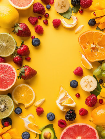 Brightly colored fruits including berries, citrus, and bananas decorate a sunny yellow surface, creating a cheerful, inviting arrangement.の素材