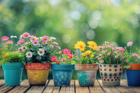 A lively arrangement of colorful flowering plants is displayed in decorative pots on a wooden table, set in a natural outdoor setting.の素材