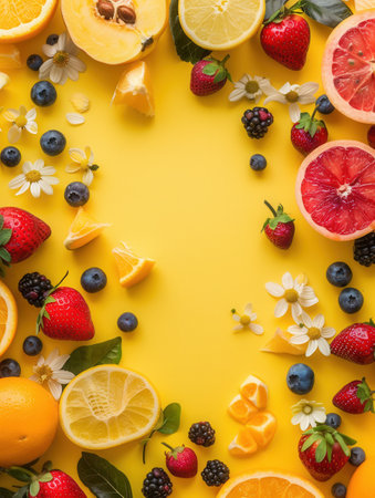 Colorful tropical fruits and blooming flowers are artistically arranged on a vivid yellow background, creating a fresh summer vibe.の素材