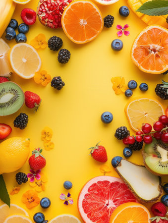 A vibrant assortment of various fruits and colorful flowers is beautifully arranged on a cheerful yellow background.の素材