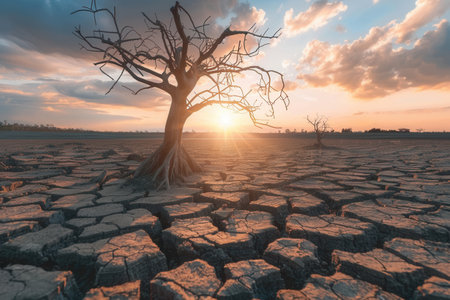 Dead trees rise from dry, cracked soil as the sun sets, highlighting the severe effects of drought and climate change on the landscape.の素材