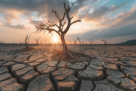 The landscape features a dried-up area with a lone dead tree amidst cracked earth as the setting sun casts a warm glow.の素材