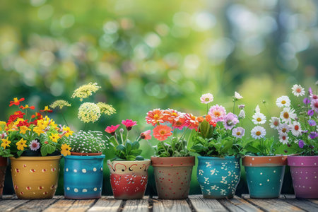 A variety of beautiful flowers in decorative pots line a wooden deck, creating a cheerful display against a lush garden background.の素材