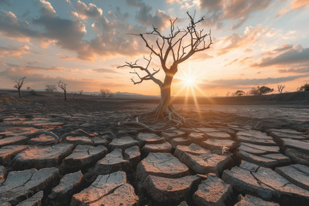 A stark landscape features cracked earth and dead trees illuminated by a warm sunset, highlighting the severe effects of drought.の素材