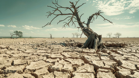Cracked earth stretches beneath dead trees, highlighting the severe effects of drought and the ongoing water crisis in the environment.の素材