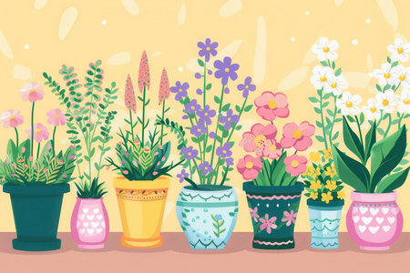 A variety of colorful flowers arranged in decorative pots creates a vibrant and inviting atmosphere in a bright space.の素材
