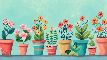 Various decorative pots filled with vibrant flowers create an attractive display against a soft, light backdrop.の素材