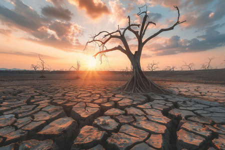 Barren landscape featuring cracked earth and lifeless trees as the sun sets, illustrating the severe effects of a prolonged drought.の素材