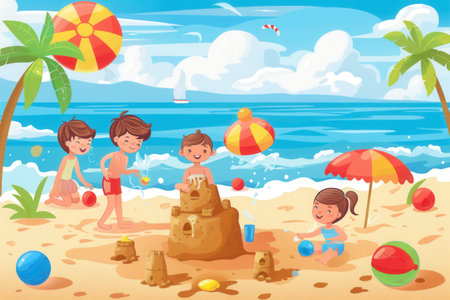 Children and their parents enjoy a fun day at the beach, constructing sandcastles and playing with colorful beach balls under the sun.の素材