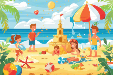 A happy family spends a sunny day at the beach building sandcastles, playing with beach balls, and enjoying the warm weather.の素材