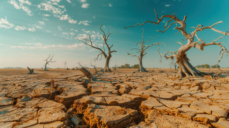 Dead trees rise from the parched, cracked ground, showing the devastating effects of drought and the ongoing water crisis.の素材