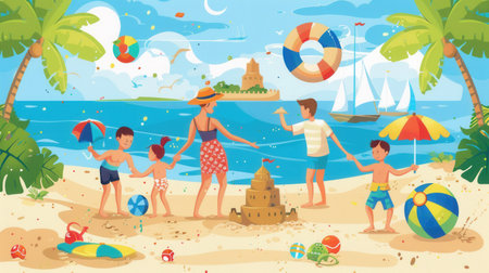 A family is happily spending time on the beach, building sandcastles and playing with colorful beach balls under the sun.の素材