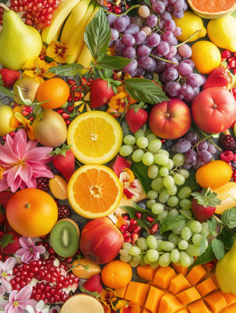 A stunning display of fresh fruits and vibrant flowers is artistically arranged on a wooden surface, showing nature's bounty.の素材