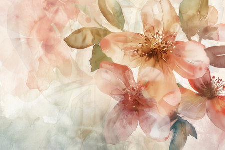 Soft watercolor flowers blend harmoniously, showing delicate petals in gentle hues that evoke tranquility and natural elegance.の素材