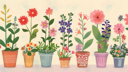 Colorful flowers in various decorative pots are arranged in a delightful display, celebrating nature's beauty in a bright setting.の素材