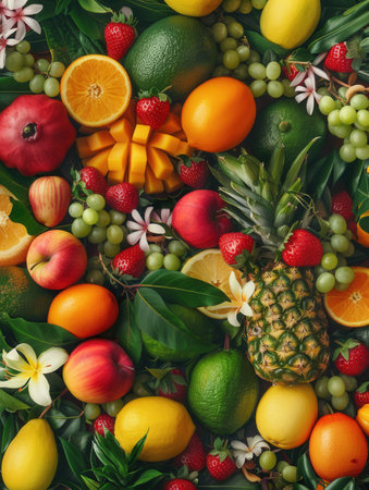 A rich collection of fruits and flowers creates a colorful arrangement, highlighting various textures and hues that celebrate freshness.の素材