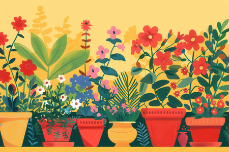 A colorful array of flowers blooms in various decorative pots, creating a lively atmosphere perfect for any garden lover.の素材