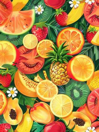 This delightful collection features a variety of fruits and flowers bursting with color, evoking the essence of summer's abundance.の素材