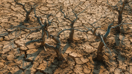 A barren landscape features dead trees rising from parched soil, highlighting severe drought and water scarcity issues affecting the area.の素材