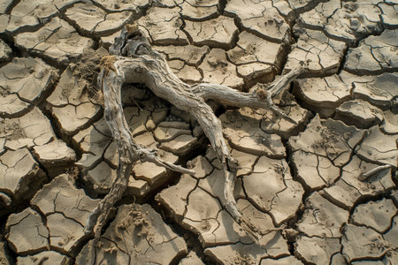 A stark view of dead trees rests on dry, cracked earth, showing the harsh realities of drought and the urgent water crisis.の素材
