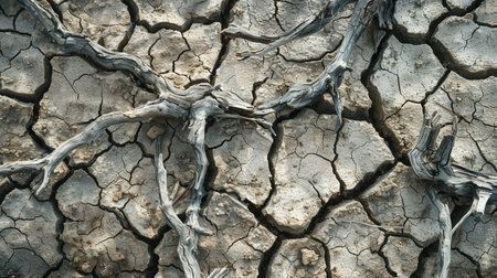 A desolate landscape features dead trees intertwined with dry, cracked earth, highlighting the devastating effects of drought and climate change.の素材