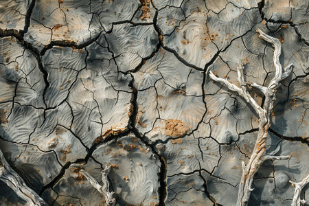 Barren landscape features cracked earth and lifeless trees, highlighting the urgent issues of drought and climate change we face.の素材