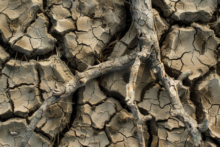 Dead trees lie on parched soil, showing the grave effects of drought and the urgent water crisis facing our planet.の素材