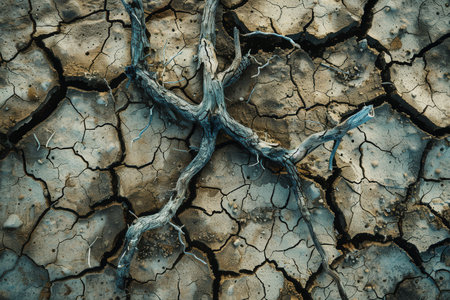 The landscape reveals dead trees resting on cracked, parched earth, emphasizing the dire effects of drought and climate change.の素材