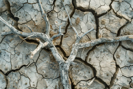The stark landscape shows dry, cracked earth with dead trees, illustrating the severe impacts of drought and water scarcity on the environment.の素材