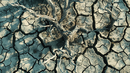 The dry, fractured land reveals dead trees, highlighting the severe consequences of drought and the global water crisis affecting ecosystems.の素材