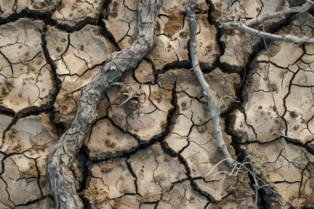 Dead trees lie upon cracked earth, highlighting the devastating effects of drought and climate change on the environment.の素材