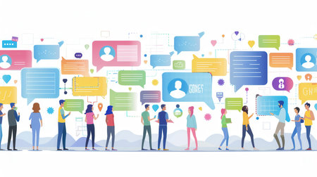 People gather to interactively share opinions and experiences through polls and surveys on various social media platforms.の素材